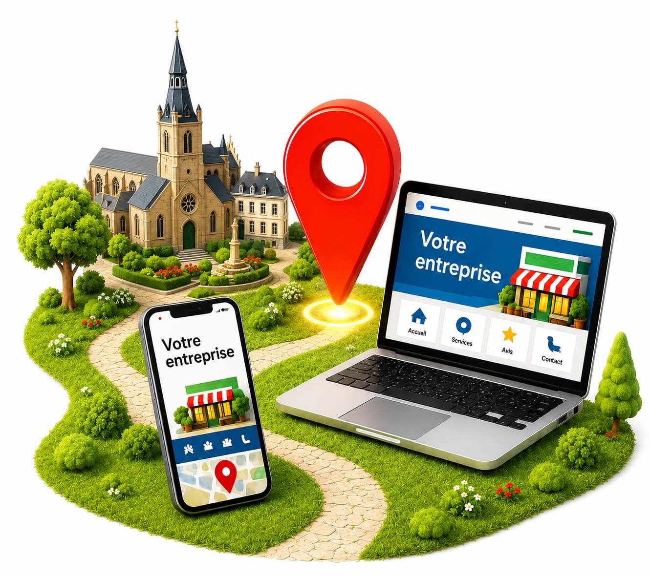 Illustration d'une entreprise visible sur Google à Braine-l'Alleud : fiche avec avis 5 étoiles et localisation, site professionnel affiché sur ordinateur portable et smartphone