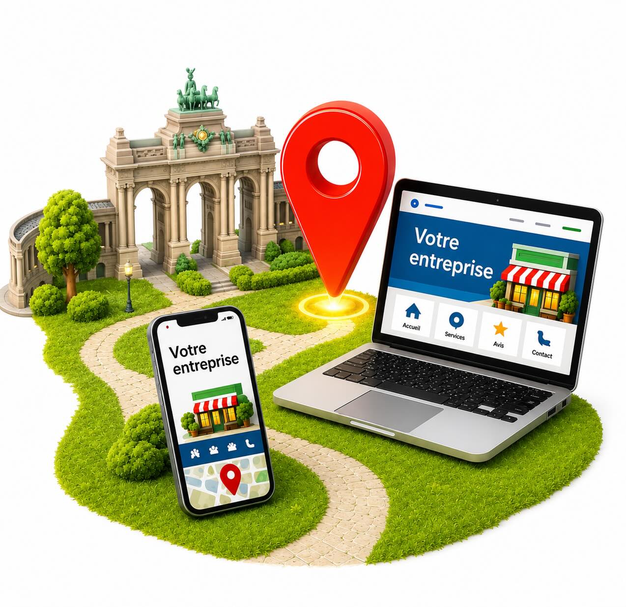 Illustration d'une entreprise visible sur Google à Bruxelles : fiche avec avis 5 étoiles et localisation, site professionnel affiché sur ordinateur portable et smartphone