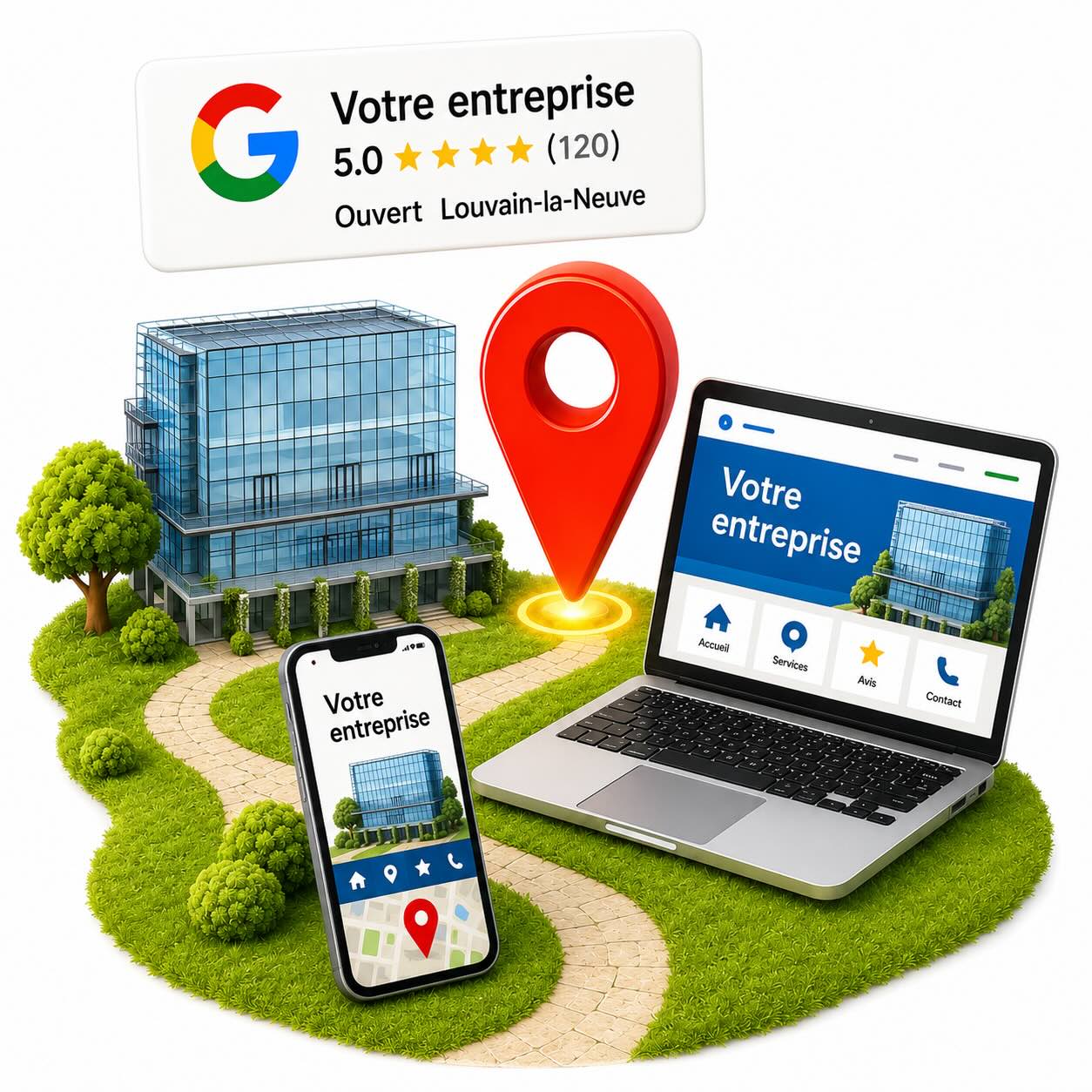 Illustration d'une entreprise visible sur Google à Louvain-la-Neuve : fiche avec avis 5 étoiles et localisation, site professionnel affiché sur ordinateur portable et smartphone