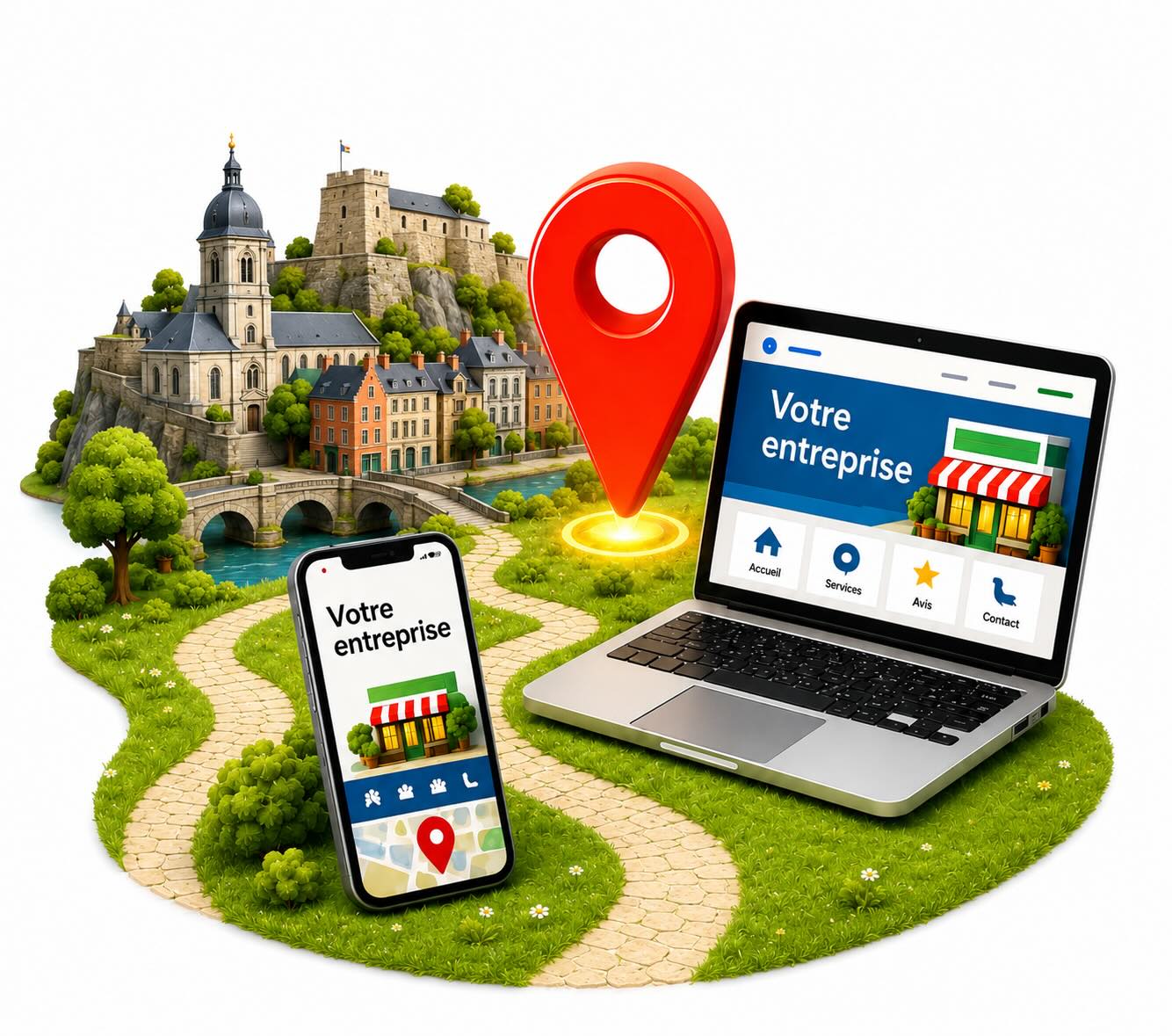 Illustration d'une entreprise visible sur Google à Namur : fiche avec avis 5 étoiles et localisation, site professionnel affiché sur ordinateur portable et smartphone