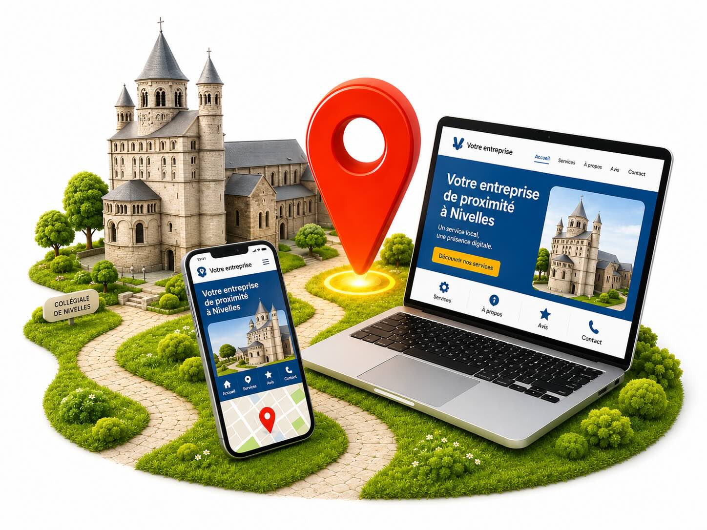 Illustration d'une entreprise visible sur Google à Nivelles : fiche avec avis 5 étoiles et localisation, site professionnel affiché sur ordinateur portable et smartphone