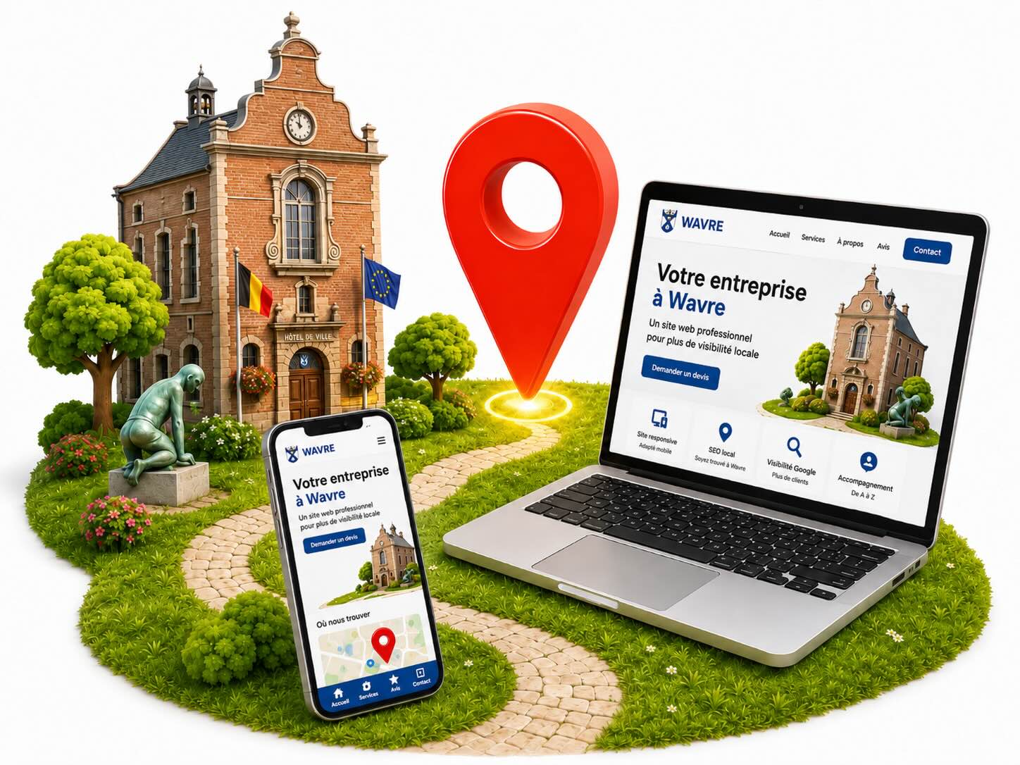 Illustration d'une entreprise visible sur Google à Wavre : fiche avec avis 5 étoiles et localisation, site professionnel affiché sur ordinateur portable et smartphone