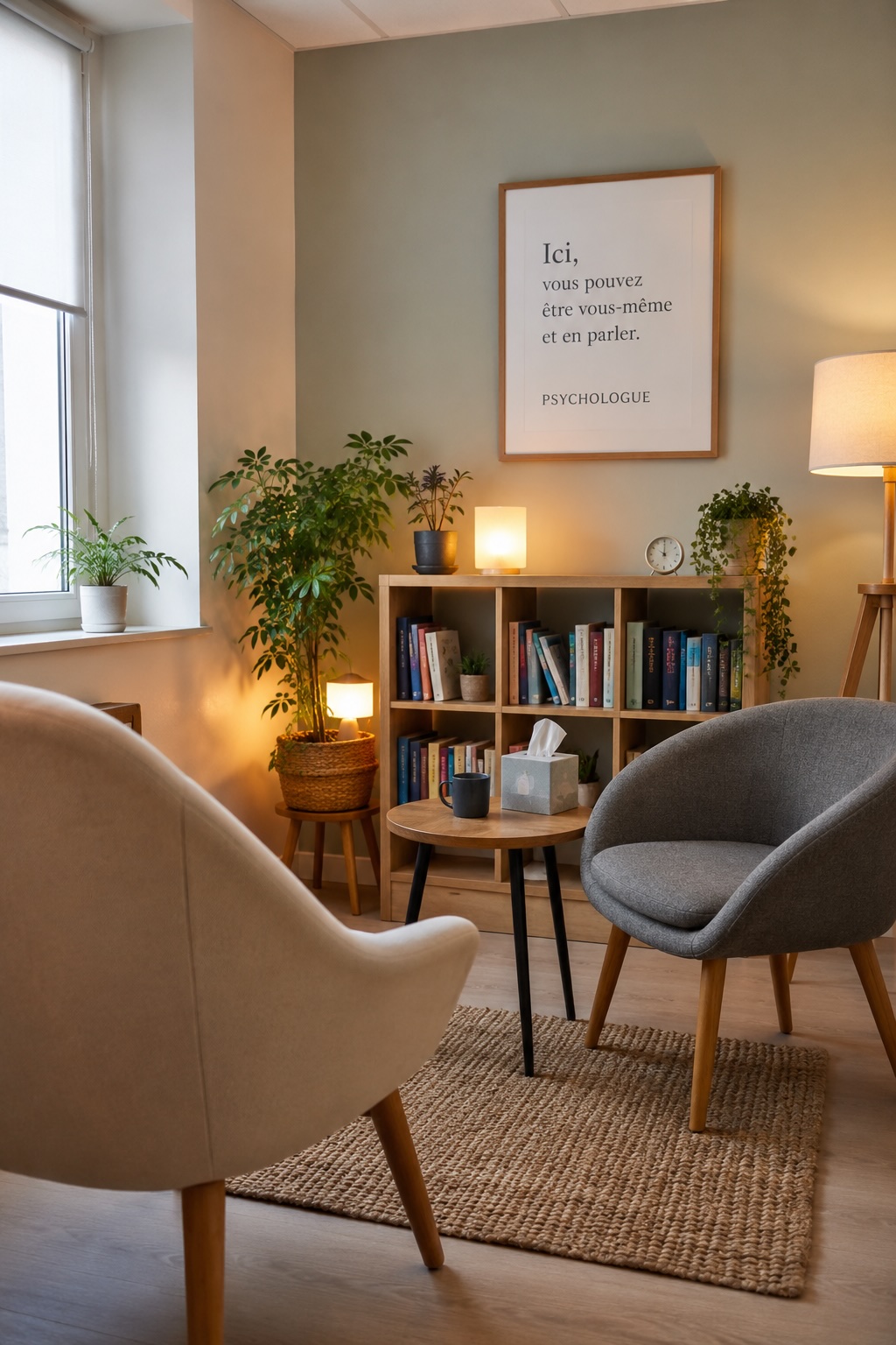 Cabinet de psychologue chaleureux et rassurant avec fauteuils et lumière douce