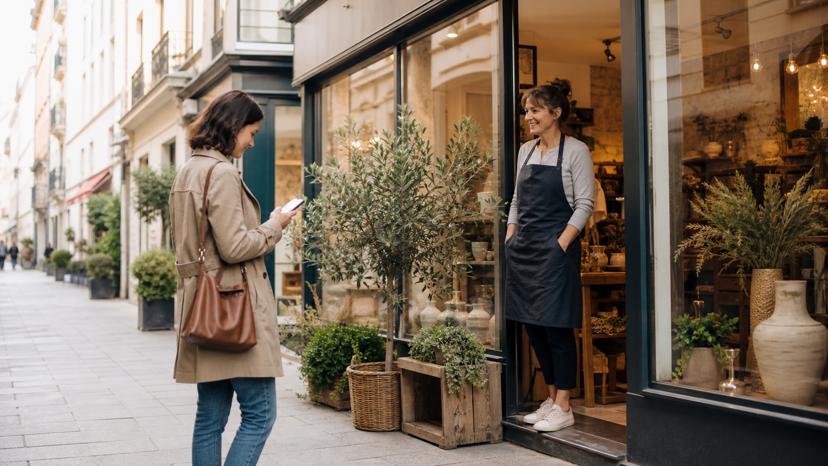 Client consultant son smartphone devant un commerce local avant d'entrer en magasin