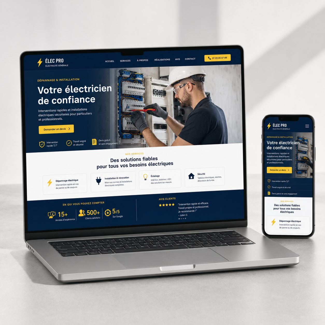 Aperçu du site internet créé par OnePageOneDay pour un électricien