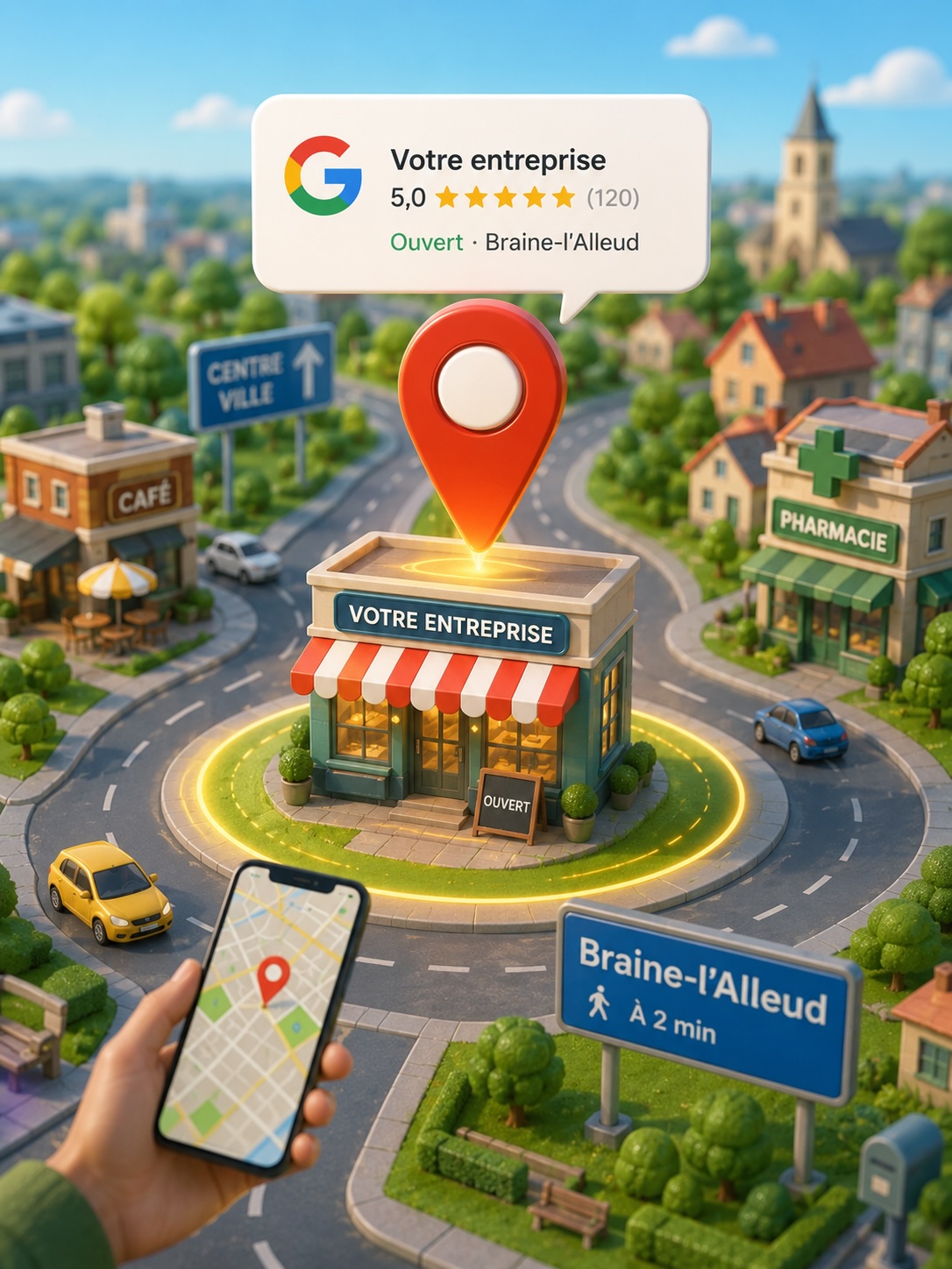 Illustration représentant une entreprise visible localement sur une carte
